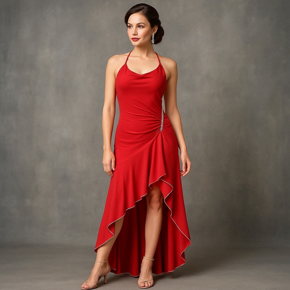 Nicole Bakti Red Halter Evening Gown Dress Rhinestone Trim Asymmetrical Hem Sz S